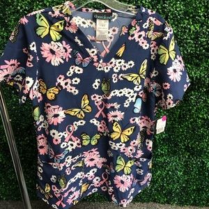 Cherokee women’s butterfly and pink ribbon scrub top NWT